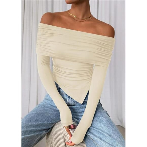 Womens Off Shoulder Long Sleeve Top Fitted Y2K Fall Going Out Blouse Trendy - Picture 5 of 7